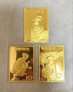 名作 純金 純銀金張 切手型レリーフ ビードロ吹く娘 まりつき 雨中湯帰りのサムネイル