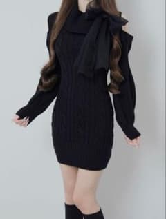 値下げ⭕️ ルミニョン Tulle ribbon cable knit dressのサムネイル