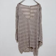 Olivia Moon Border Tunic, V-neck, Dolman Sleeves, Asymmetrical Hem, Size S, Grayish Brown