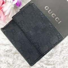 箱付き✨グッチ Wホック 二つ折り 財布 GGキャンバス 黒 ブラック