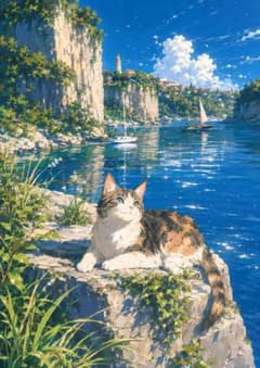 水彩画風】 碧い入り江で、夏を見上げる猫 海辺の風景アート／A4・2L判