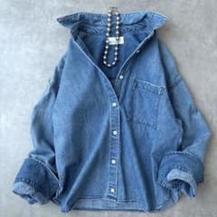 美品 アッパーハイツ クロップド デニム シャツ 長袖 ショート丈 青 