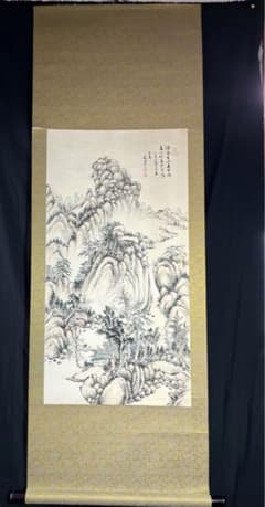 掛け軸 水墨画 中国画 山水図 【張志芳】画 【厳承志】書道付き 紙本