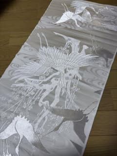 高級 丹後ちりめん】正絹100% 丹後ちりめん 反物 白 柄 帯 鶴の刺繍