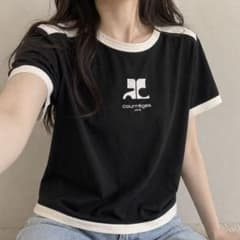 新品タグ付きcourreges デカロゴ 白ステッチ ブラック Tシャツ y2k