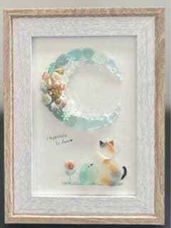 シーグラスアート　猫　小鳥　三日月　ヒーリングアートのサムネイル