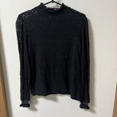 レースフリルネック長袖シャツ ブラックのサムネイル
