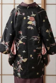 セミアンティーク 裄65 羽織 黒地 花鳥柄 レトロのサムネイル