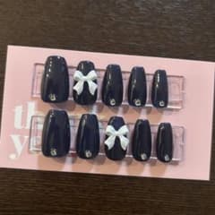 【早い者勝ち！】リボンネイル ネイルチップ ハンドメイド コフィン型 ネイビーのサムネイル