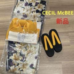 新品 セシルマクビー（CECIL McBEE）百合柄浴衣セット 作り帯下駄腰紐
