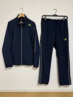 adidas ナイロンジャケット ネイビー 上下セット　蛍光イエローロゴ　美品