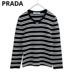 美品　プラダ　PRADA　レディース　ニット　五分袖　コットン　白黒ボーダー　S 美品 プラダ PRADA レディース ニット 五分袖 コットン 白黒ボーダー