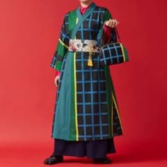 重宗玉緒コラボ モダン着物ワンピース リボン付 総柄 緑系 F 倭物や