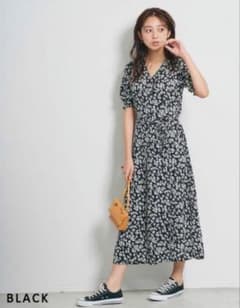 ベースメントオンライン　花柄カシュクールワンピース　ブラック