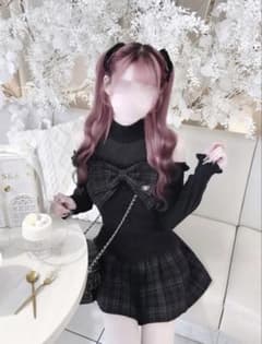 HONEYMEW　ハニーミュウ　チェックリボン肩空きプリーツワンピース　ブラック ♡ HONEYMEW／チェックリボン肩空きプリーツワンピース（ブラック