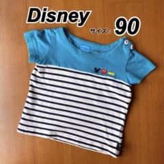 90 Disney 半袖 Tシャツ 水色 ボーダー 刺繍 ディズニー ミッキーのサムネイル