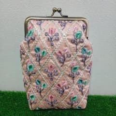 がま口ポーチハンドメイド❣️☘️インド刺繍生地♥ メガネケース