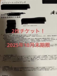 2025年10月末期限　スパリゾートハワイアンズ 会員特典入場券　2枚セットのサムネイル