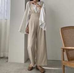 Louere【取り外し可】ワイドサスペンダーハイウエストパンツ アイボリー S