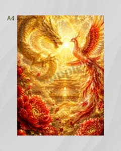 42_金龍と鳳凰 黄金神殿と牡丹の開運幻想アート A4ポスター 額なしのサムネイル