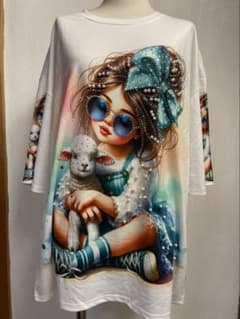 女の子と子羊のイラスト Tシャツ ビジュー付き　 ストリート　ユニセックス　XL - 4