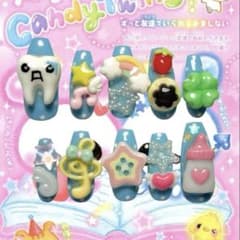 Nail tips, Heisei era girl, teeth, dots, light blue, pudding, feather, emoticon, wish core, feather