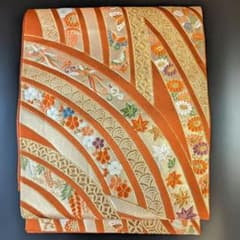 美品】袋帯 六通 鳳凰 蝶 金糸 七宝 朱色 オレンジ - メルカリ