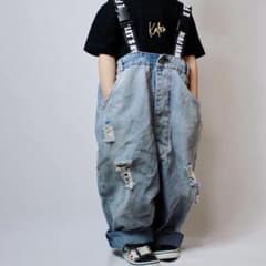 キッズ デニム オーバーオール　フィッシャーマンパンツ ダメージ加工