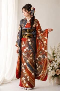 豪華振袖 正絹 オレンジ×鼠青 金彩 桜花流水文 成人式 結婚式 縮緬風