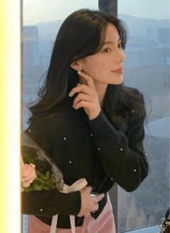 【美品】DHOLIC ラウンドネックエコパールニットカーディガン ブラック