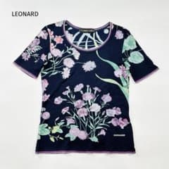 LEONARD レオナール 花柄 半袖 カットソー ネイビー S イタリア製