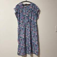 Jevama Floral Print Dress, French Sleeves, Knee-Length, Size M, Blue/Purple, Material Unknown