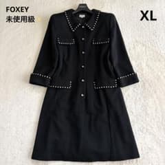 FOXEY BOUTIQUE ７部袖 ワンピース ひざ丈 ボタン ウール　M 希少大きいサイズ42✨未使用級 FOXEY ロゴボタン ブレード ワンピース