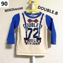 ミキハウス ダブルビー 90 長袖 シャツ 青 くま 肩ボタン サスペンダー