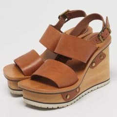 Chloe クロエ ウェッジサンダル レザー ウッドソール 厚底 ストラップ Chloe クロエ ウェッジサンダル レザー ウッドソール 厚底 ストラップ