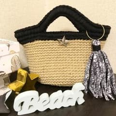 丸底マルシェバッグ/麻紐/ズパゲッティ/タッセル付き/コンチョ付きのサムネイル