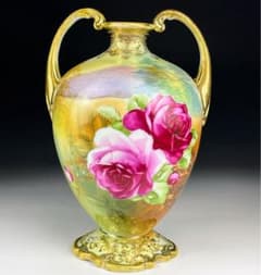 オールドノリタケ 22．3㎝ 薔薇紋風景図花瓶 金彩 金盛り バラ