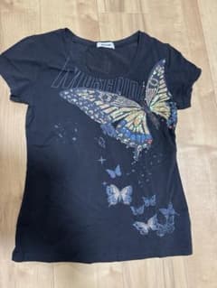 USED 양품 ● 모스키노 MOSCHINO 나비 비즈 장식 반팔 T 셔츠 블랙