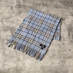 美品 バーバリー マフラー ノバチェックライトブルー カシミヤ100