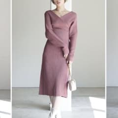 Réonie レオニー カシュクールニットワンピース ダスティーピンクのサムネイル