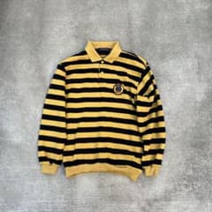 90s ボーダー ラガーシャツ風 エンブレム M ストリート古着 円堂守 短