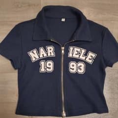 SHEIN　フロントジップ 半袖 ワッフルTシャツ ネイビー Sサイズのサムネイル