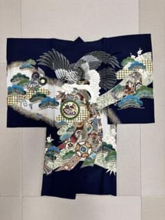 男児 お宮参り 初着 産着 鷹 松 紺色　襦袢付のサムネイル