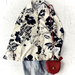 美品 45rpm 日本製 ロゴ入 総柄 花柄 コットン 開襟 シャツ ベージュ 美品 45rpm 日本製 ロゴ入 総柄 花柄 コットン 開襟 シャツ ベージュ