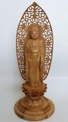 仏像 仏像 木彫 透彫り◆白檀 宝相華唐草 円台座 #457 4.5寸 阿弥陀如来立像 【白檀製】 仏壇 『阿弥陀如来』（4寸・4.5寸）老山白檀100%使用- 彫刻・オブジェ