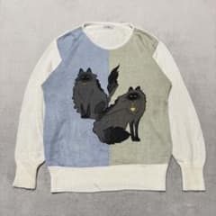 猫 刺繍ニット / 配色切り替え / ビーズ装飾 / レトロ古着 アート系のサムネイル