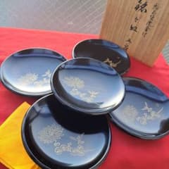 【輪島塗　銘々皿×5客　童唄蒔絵】布着本堅地　作家物　未使用/長期保管品 輪島塗 5寸