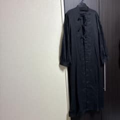 fig London 麻100% リボンネック ロングシャツワンピース 黒