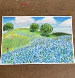 タップミント様オーダー専用　オイルパステル画　原画　ネモフィラ草原のサムネイル