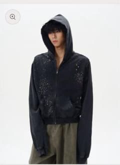 Rhinestone Damaged Zipped Hoodie ブラックのサムネイル